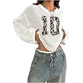 Verdusa Women's Y2k Tops Jersey Shirts Oversized Crochet Graphic Going Out Tops V Neck Pullover Sweater Streetwear Multicolor Medium