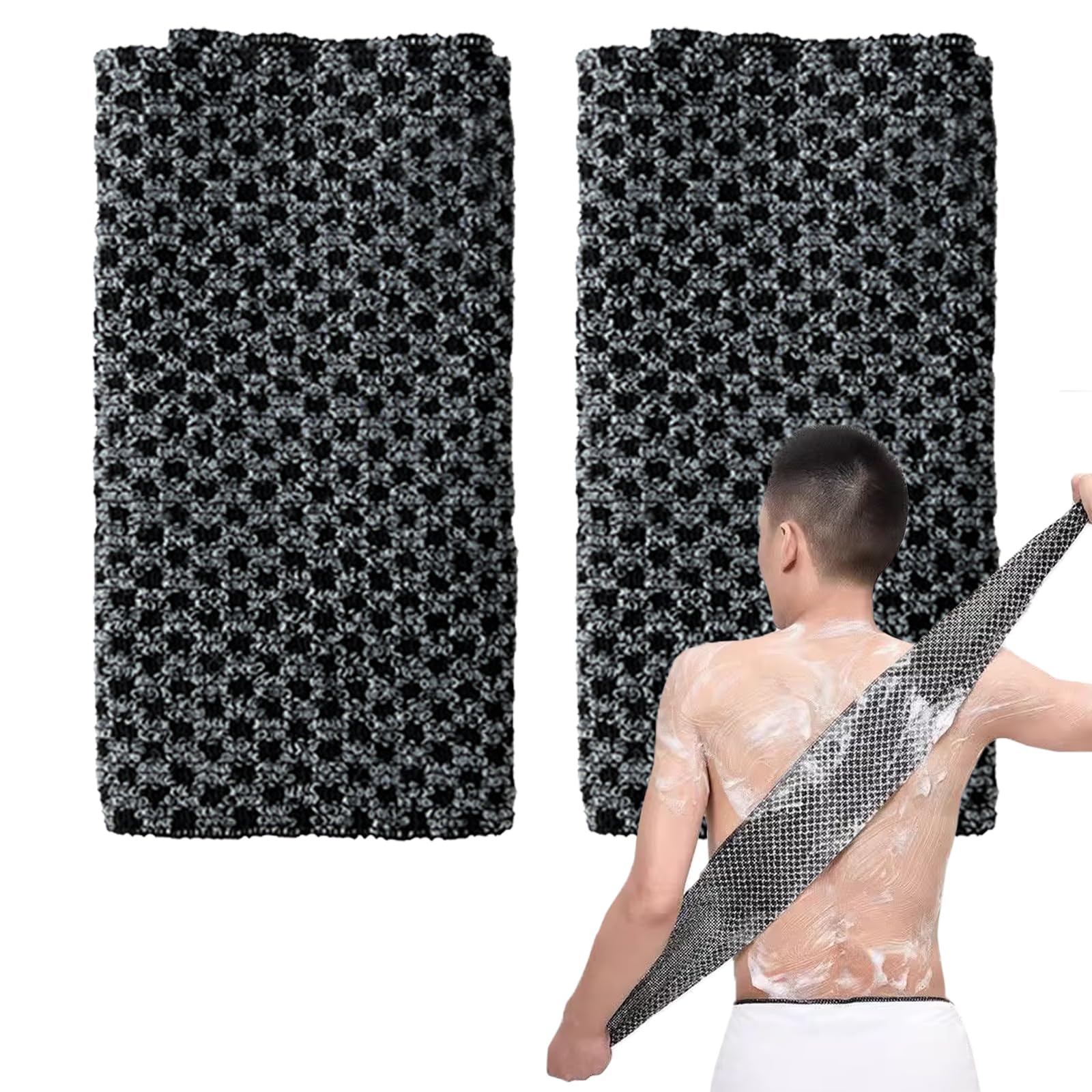 2 Pcs Japanese Back Scrubber Set, Exfoliating Shower Towel, Extra Long Exfoliating Washcloth for Men Women, Scrub Cloth for Body Cleaning and Massage (Black)