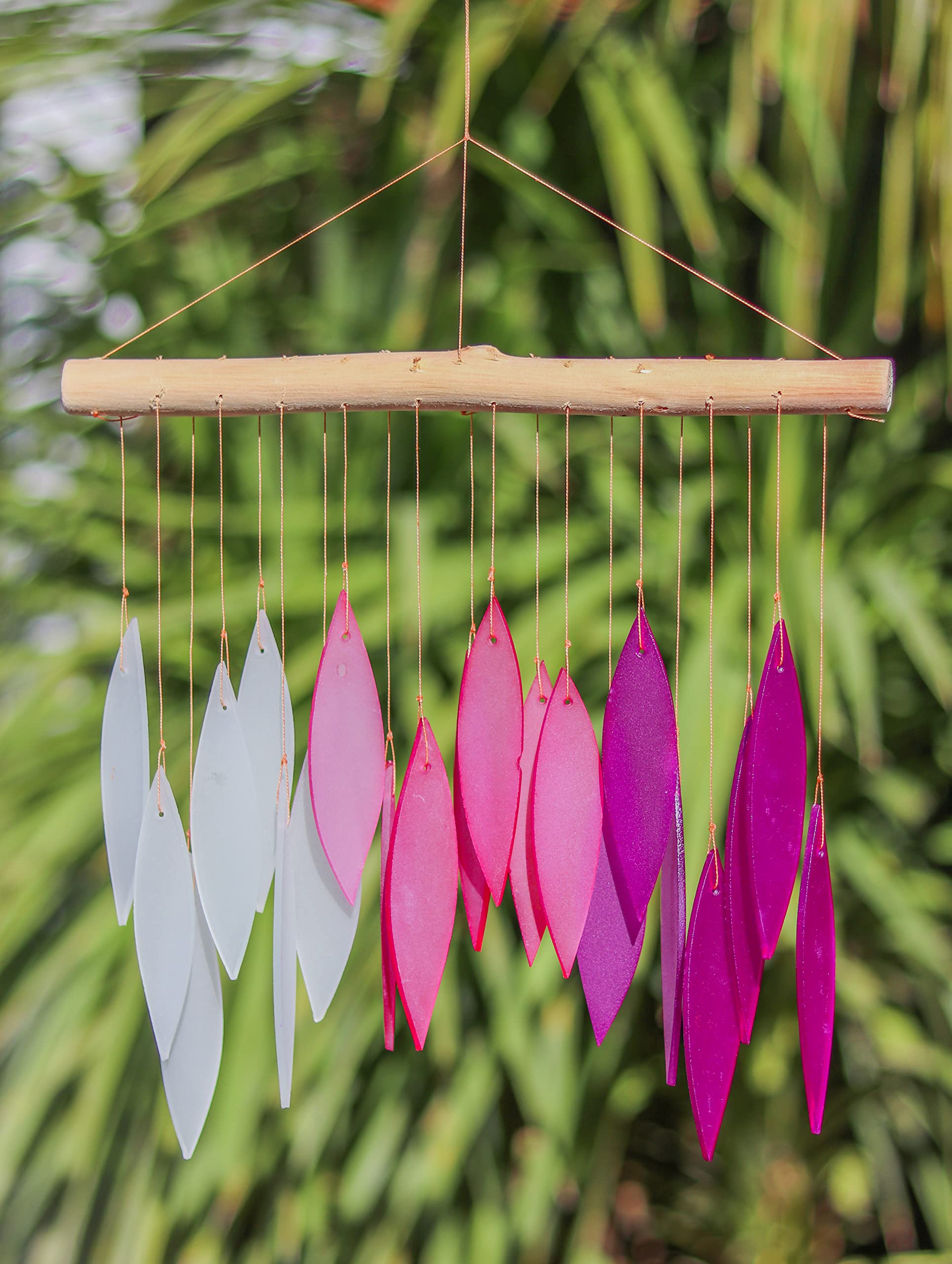 Pink & Purple Glass Wind Chime Recycled Glass and Bamboo Driftwood Garden Chime Hanging Outdoors Indoors Multicoloured Fairtrade Eco Friendly Handmade