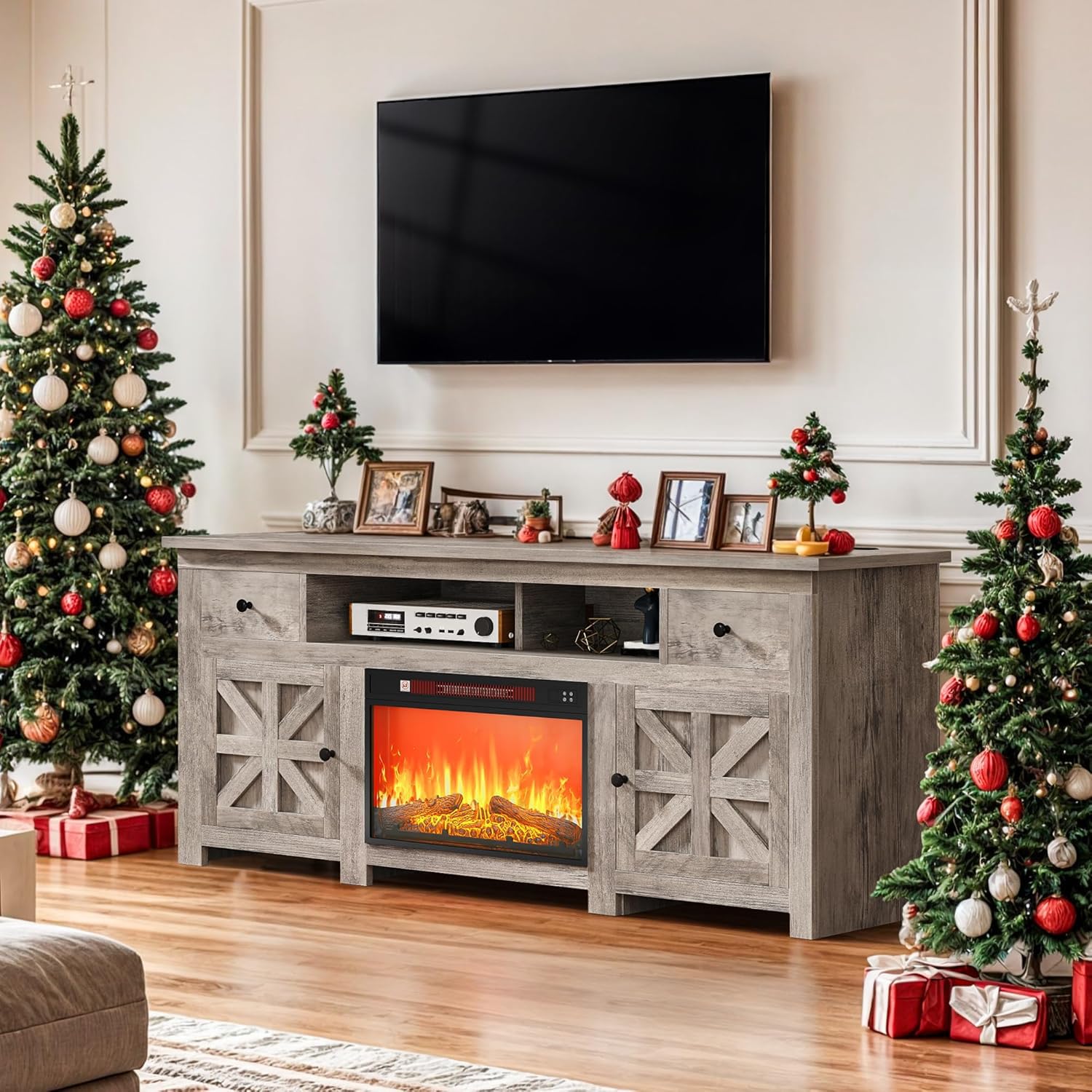 Photo 1 of ***It's used, it's unknown if any parts are missing, and it's unknown if it works 100%.***DWVO TV Stand with Fireplace for 75 Inch TVs, Entertainment Center with Power Outlet, Electric Fireplace TV Stands for Living Room, TV Console with Storage Drawers &