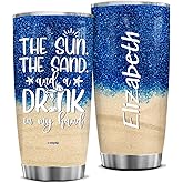 winorax Beach Tumbler Personalized The San The Sun and a Drink In MY Hand Tumblers Travel Cup 20oz 30oz Stainless Steel Custom Gift For Women Girls Beach Trip Weekend Birthday Party Summer Vacation