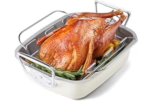HONGBAKE Ceramic Coated Nonstick Large Turkey Roasting Pan with Rack (U-Shaped), 18.7×13.6 Inch Deep Roaster Pan for 25 lb Turkey & Chicken, Wider Handles, Non Toxic, PFOA & PTFE-Free, Cream & Gray