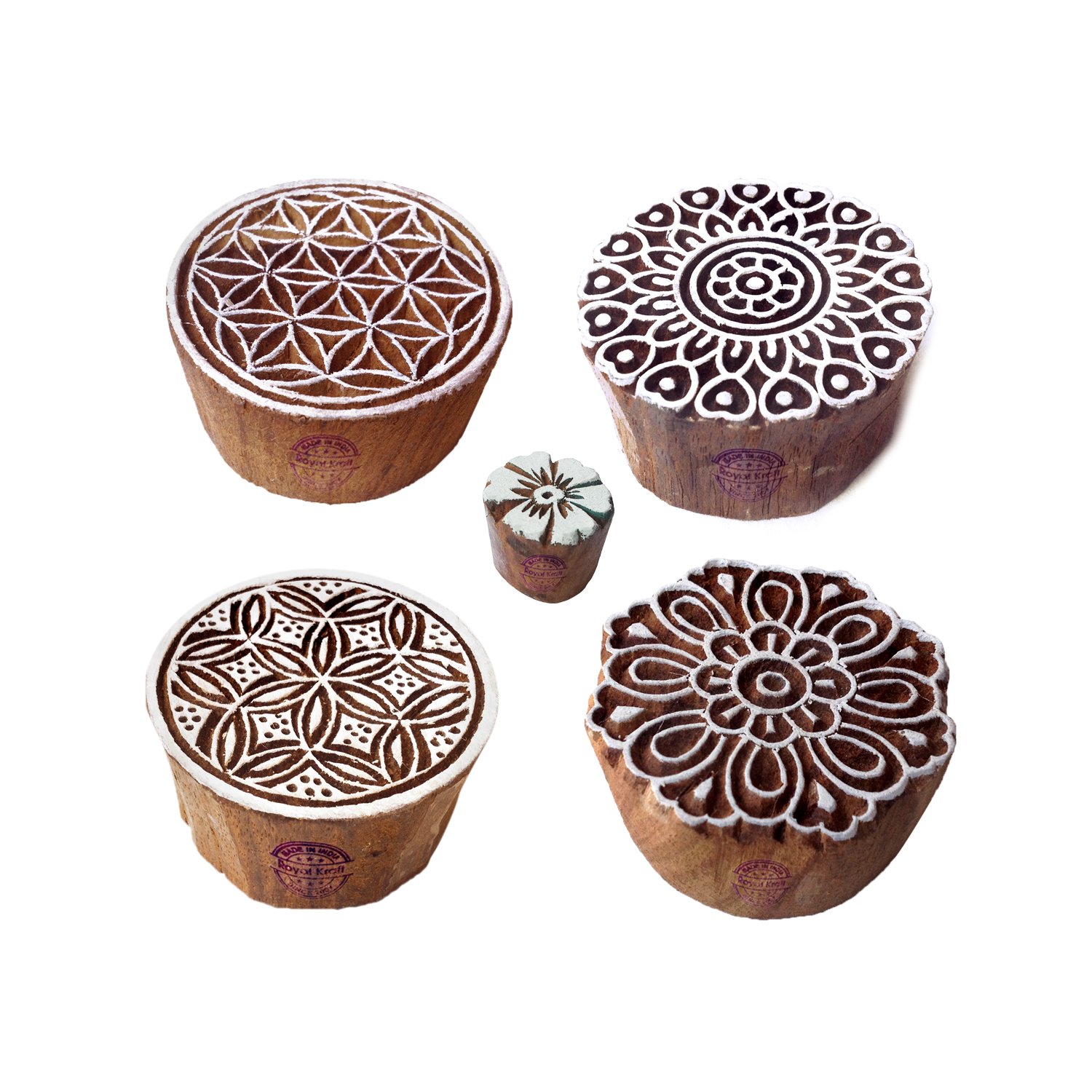 Asian Designs Round and Flower Wood Print Stamps (Set of 5) Htag1389