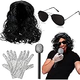 Gejoy 4 Pcs Disco Costume Kit Halloween Pop Dance Star Costume with Wig Glove Microphone Sunglasses for Pop Stage 80s 90s Cosplay
