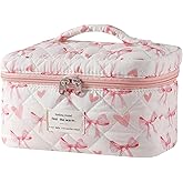 uekeboag Large Travel Quilted Makeup Bag for Women, Floral Cotton Cosmetic Bag, Coquette Aesthetic Floral Toiletry Organizer Bag