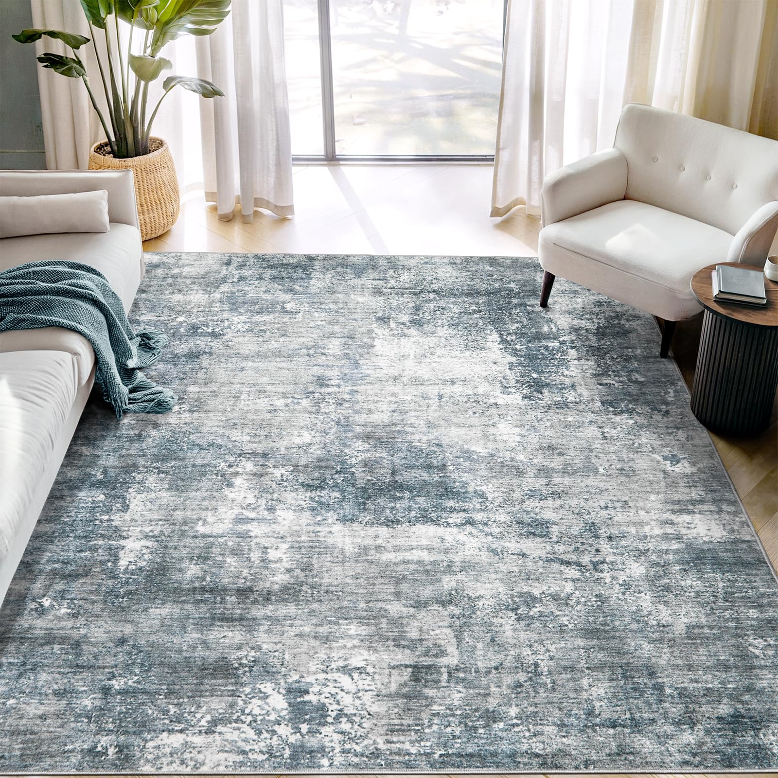 Photo 1 of Modern Abstract Washable Area Rug - 5x7 Large Living Room Rugs Soft Stain Resistant Non-Slip Low Pile Foldable Neutral Carpet for Indoor Bedroom Dining Room Home Studio Office - Blue/Grey