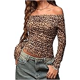 GORGLITTER Women's Off The Shoulder Cheetah Print Crop Top Y2K Long Sleeve Leopard Ruched Sexy Going Out Tee Shirts