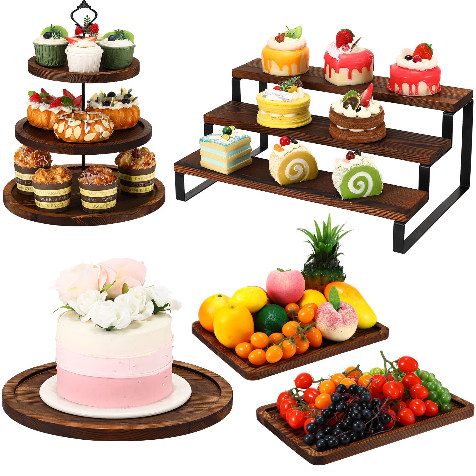 Photo 1 of Teenyyou 5 Pcs Wooden Cupcake Stand Set 3 Tiered Display Shelf Round Rotatable Cupcake Stand Cake Tower Wood Rectangle Cake Tray for Dessert Table, Festivals, Wedding Party (Dark Color)