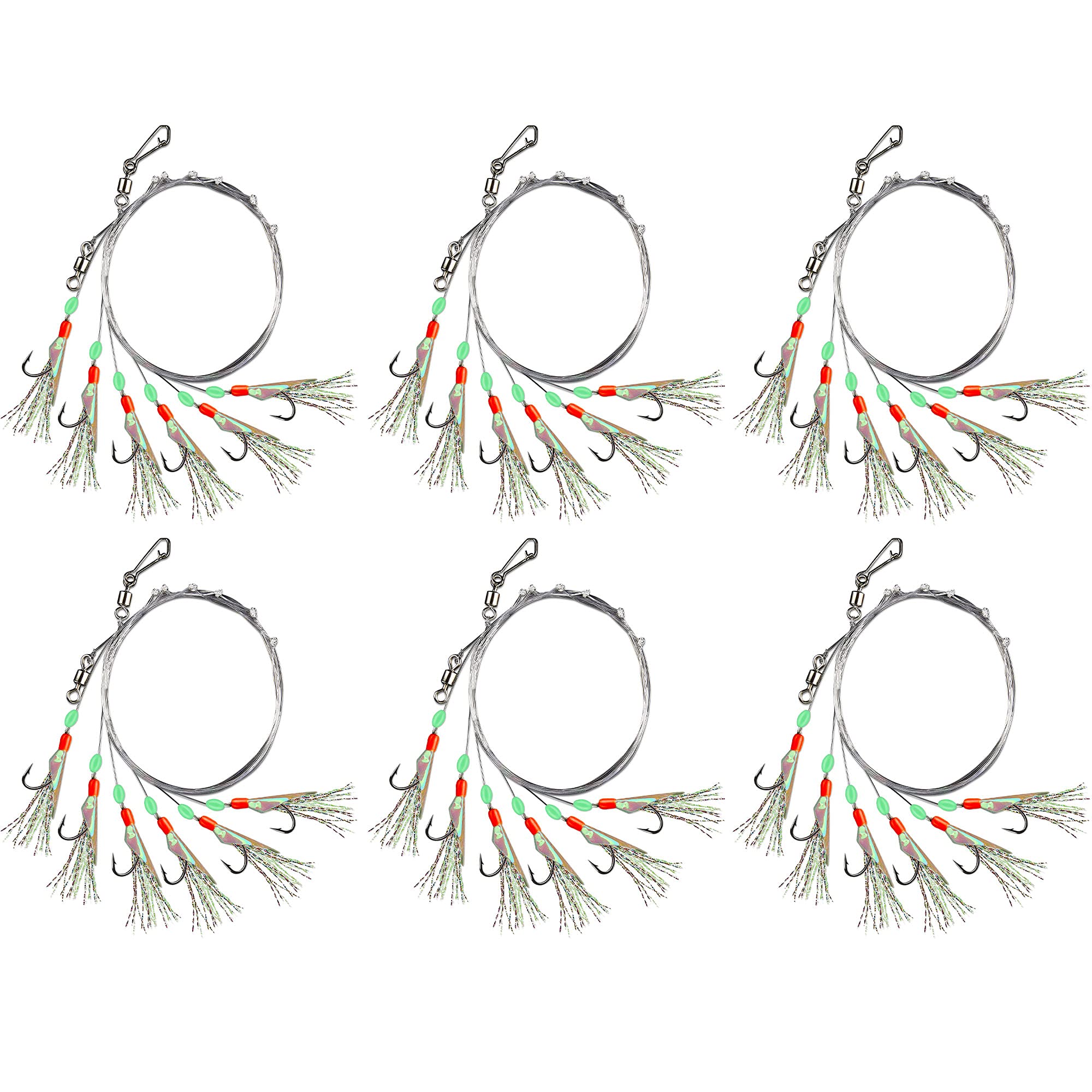 Rodeel Pre-tied Sea Fishing Rigs, 6 Pack / 36 Hooks Fishing Feathers, with Luminous Beads Glowing Tail and Simulated Fish-skin Flasher, Attractor for Mackerel, Herring, Bass, Cod - For Night Use