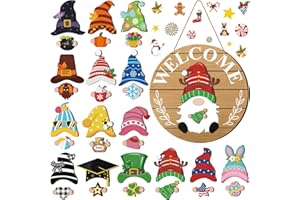 Qunclay Interchangeable Wooden Gnome Decor Holiday Seasonal Gnome Decorations with Magnet Pieces and Detachable Hats Changeable Welcome Sign for Home(Delicate Style)