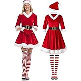 4 Piece Women's Christmas Costume Set Velvet Dresses Party Dresses Women's Christmas Gowns Christmas Hat Gloves for Cosplay