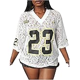 Verdusa Women's Floral Lace Jersey Shirts V Neck Graphic Tees Half Sleeve Loose Summer Tops
