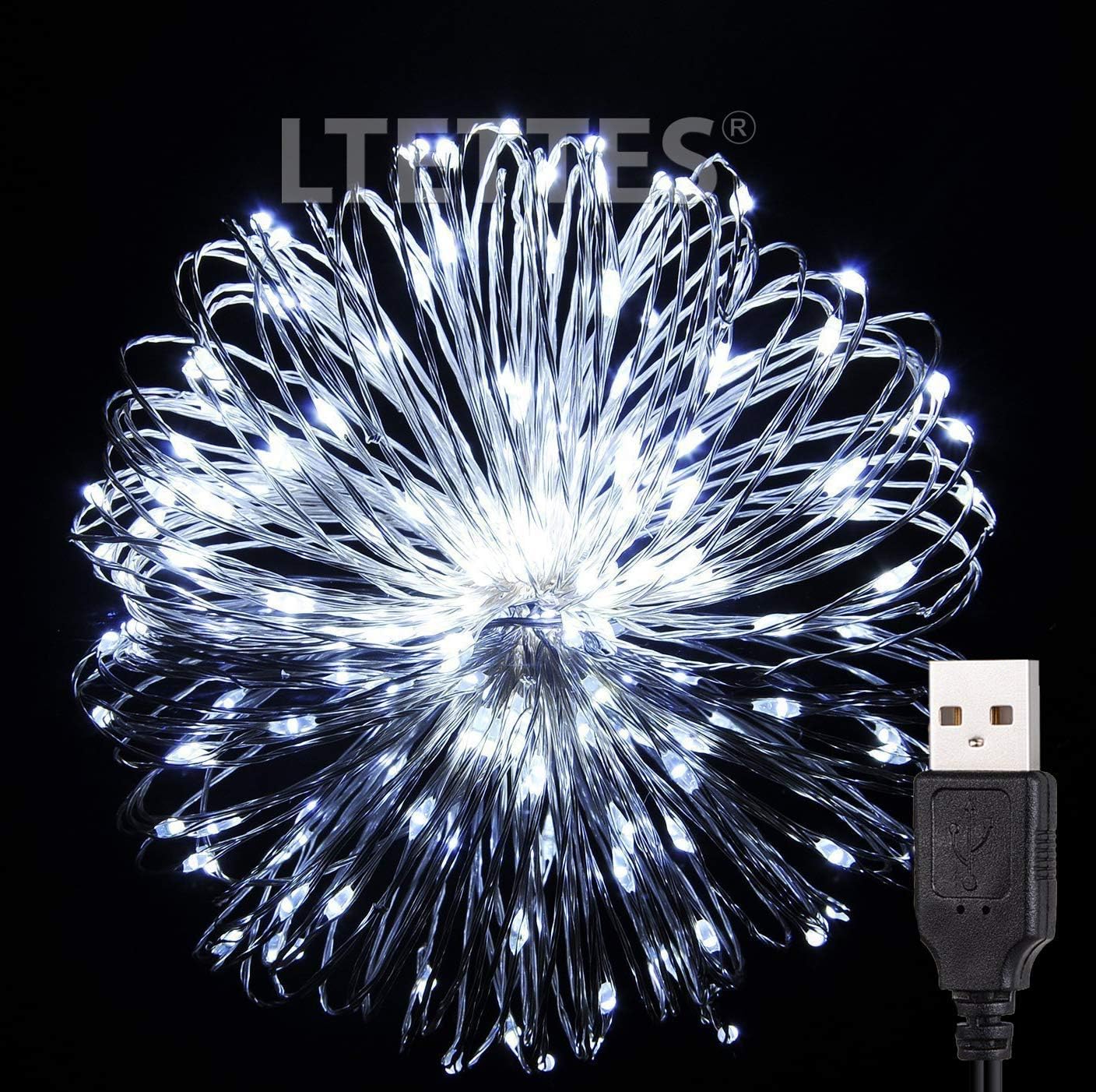 LTETTES 5 Meters 50 LED USB Powered Cold White Silver Wire Copper LED Fairy String Lights Moon Light for Outdoor Bedroom Garden Wedding Christmas