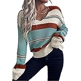 SISKIN Striped Knit Pullover Sweater, Color Block Boho Casual Ribbed Drop Shoulder Sweater for Women 2025