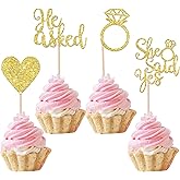 24 PCS He Asked She Said Yes Cupcake Toppers with Glitter Heart Ring Bachelorette Cupcake Picks Wedding Engagement Bridal Shower Party Cake Decorations Supplies Gold