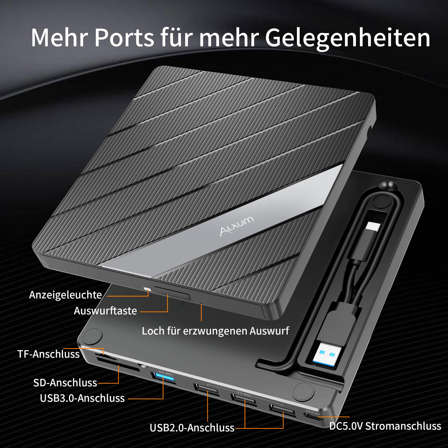 Alxum Externes DVD Laufwerk USB C 3.0 CD Laufwerk extern USB für Laptop 5