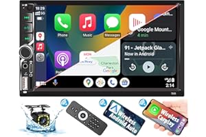 HYOJUM 7'' Double Din Car Stereo, Wireless Apple CarPlay/Android Auto, 240W HD LCD Touchscreen FM/AM/RDS Radio Receiver, USB A-C/AUX/TF Full Interface, 12LED Waterproof Backup Camera, Bluetooth Handsfree