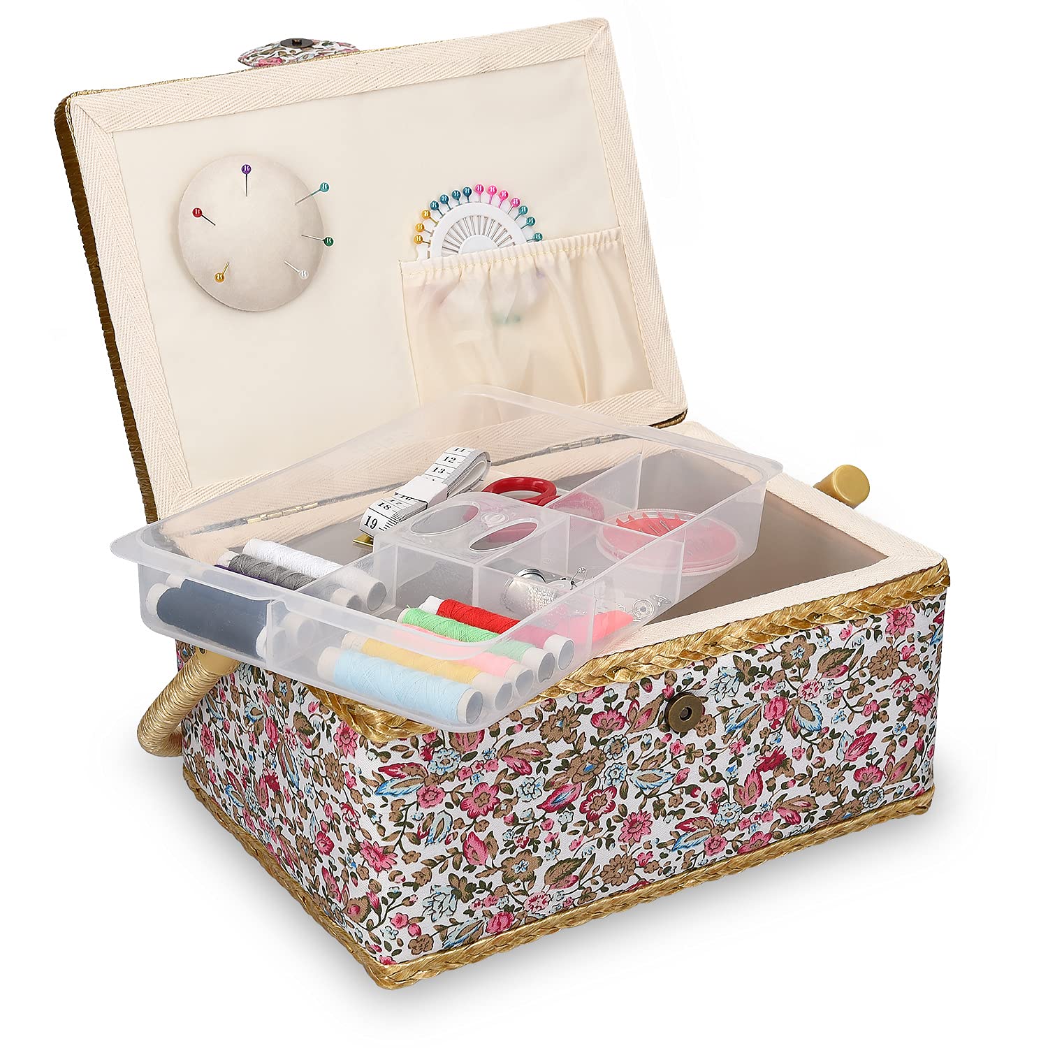 Navaris Sewing Box with Accessories - Sewing Basket with Organiser Tray Compartments 24.5 x 17.5 x 12.5 cm - Includes 76 Piece Kit - Floral Design