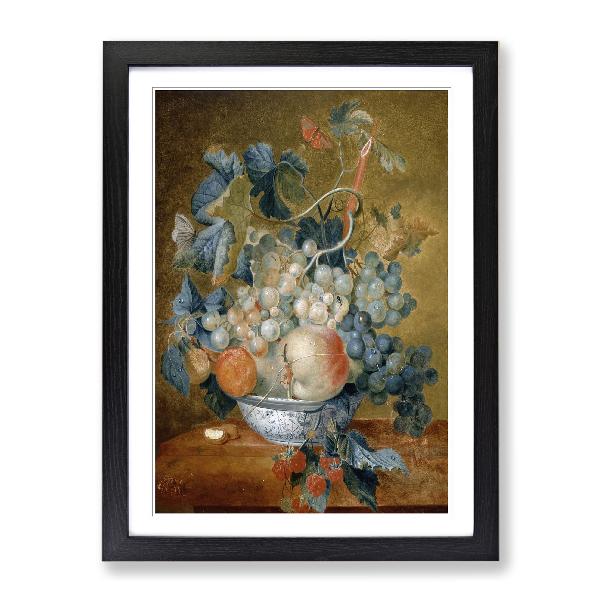 Still Life With Flowers And Fruit Vol.3 By Jan Van Huysum Classic Painting Framed Wall Art Print, Ready to Hang Picture for Living Room Bedroom Home Office Décor, Black A4 (34 x 25 cm)