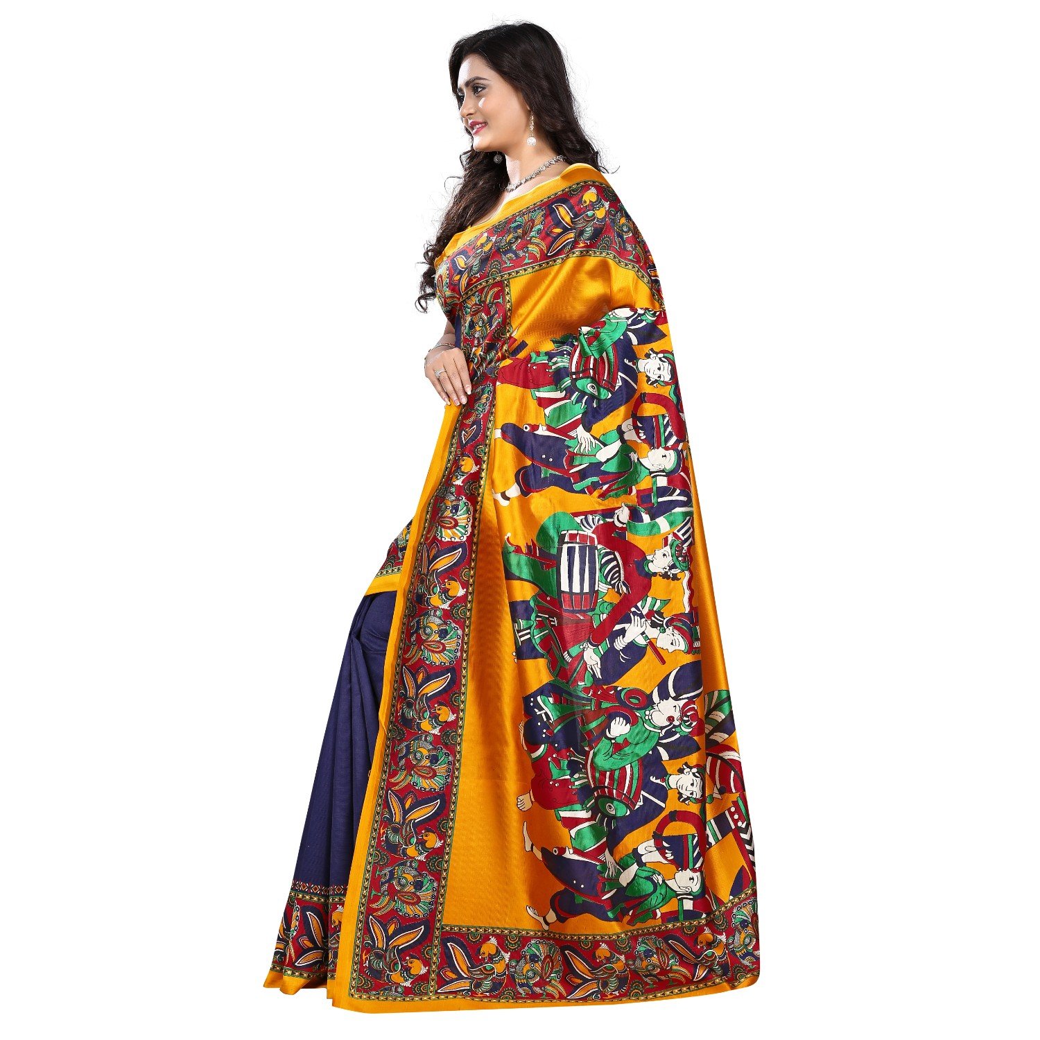 jaanvi fashion women's art silk kalamkari printed saree (blue_warli)