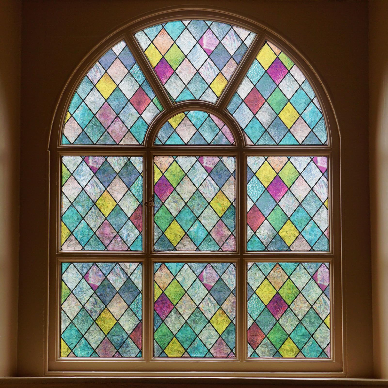 FEOMOS Stained Glass Window Film, Window Privacy Films, Colorful Lattice Window Tint, Rainbow Glass Decals Stickers for Home Anti UV 60cm x 300cm
