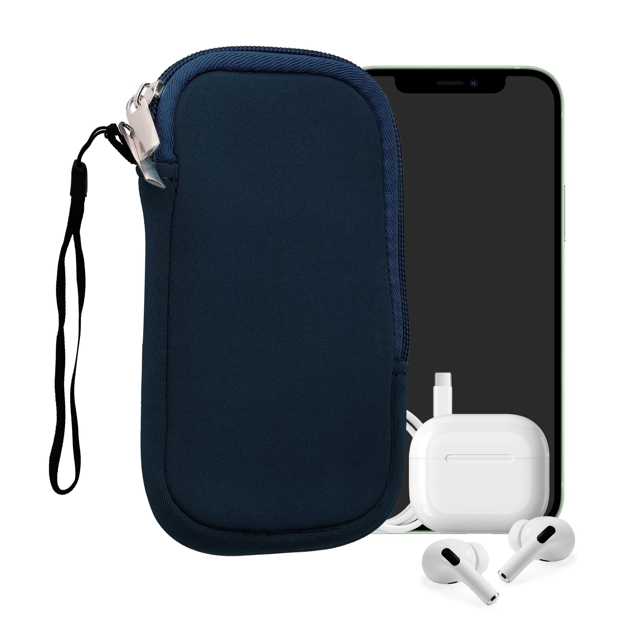 kwmobile Neoprene Phone Pouch Size M - 5.5" - Universal Cell Sleeve Mobile Bag with Zipper, Wrist Strap - Navy Blue