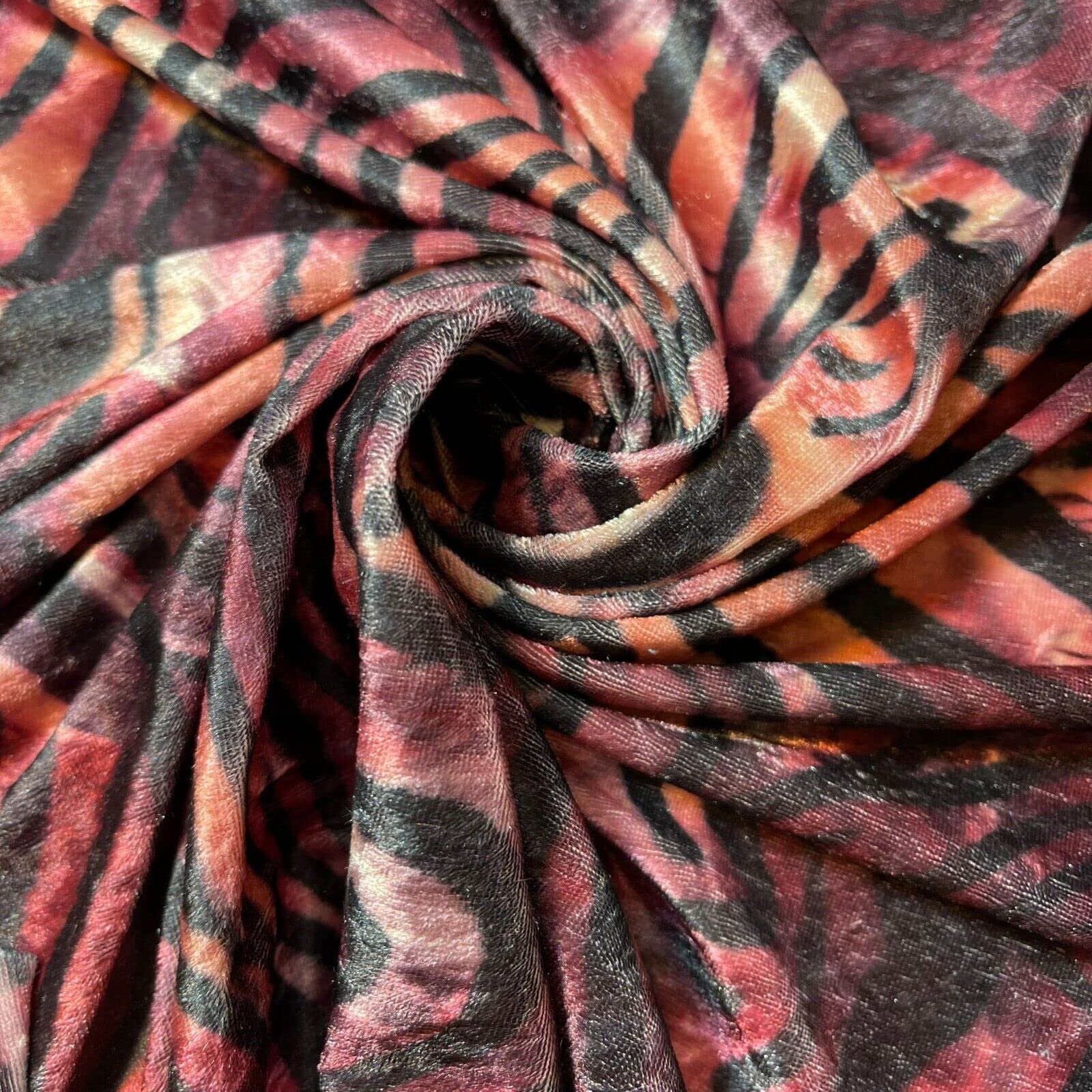 Soft Luxurious Vintage Tropical Animal Butterfly Polka Printed Crush Velvet Stretch Fabric Material 58" - 150cm Wide Suitable for Curtains & Upholstery (Pink Tiger)