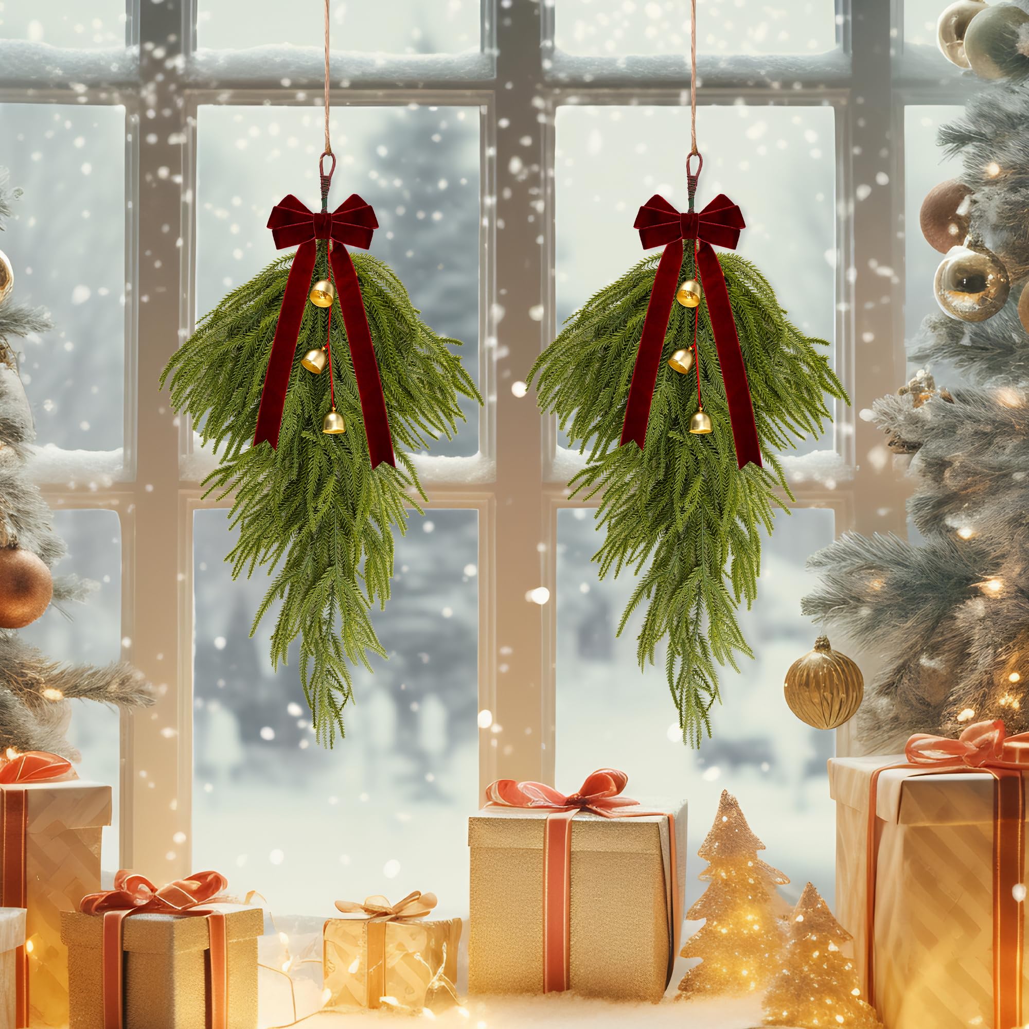 Photo 1 of 2 Pcs Christmas Teardrop Swag 24" Extra Norfolk Pine Swag with Bell Velvet Bow Teardrop Wreath for Rustic Door Window Mantle Fireplace Wall Indoor Outdoor Home Decor (red)