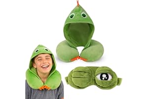 ASTRA VENA Pillow with Hood and Eye Mask for Kids - Travel Neck Support, Soft Comfort Set for Children, Cute Green Design, Cozy Rest Anywhere 21 x 7.5cm