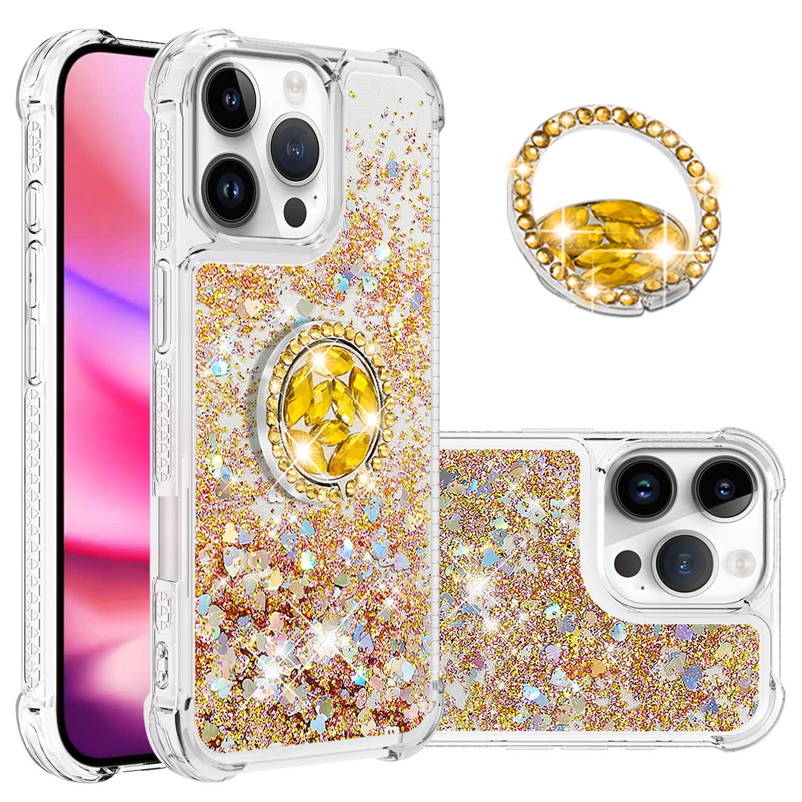 IMIRST Phone Case Compatible with iPhone 16 Pro Max (6.9'') Bling Liquid Glitter Diamond Ring Shell Shockproof Airbag Protective Cover Bumper Case for Apple iPhone 16 Pro Max. YBK Love Gold
