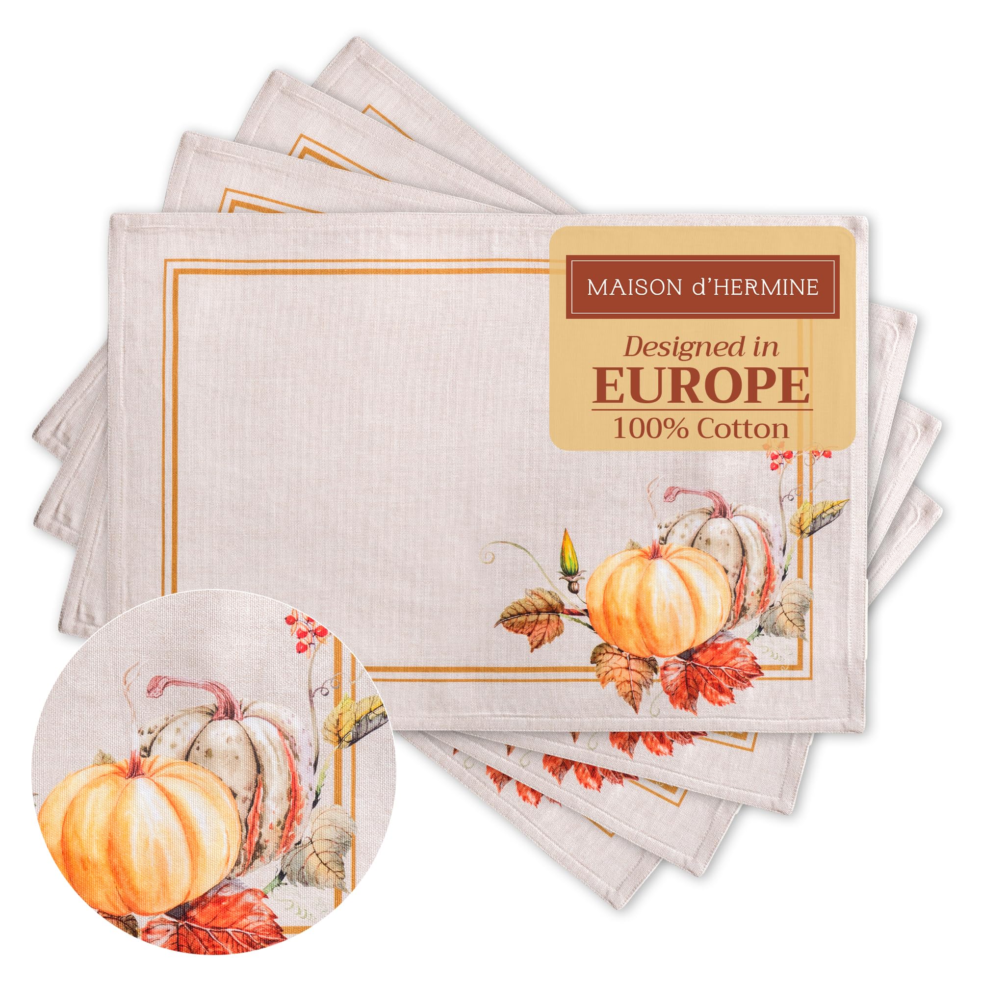 Maison d' Hermine Placemats Set of 4 100% Cotton Washable Cloth Place Mats, Reusable Table Mats for Christmas Decorations Kitchen Dining Party Wedding Restaurant (Potiron, 33 CM x 48 CM) — image 1