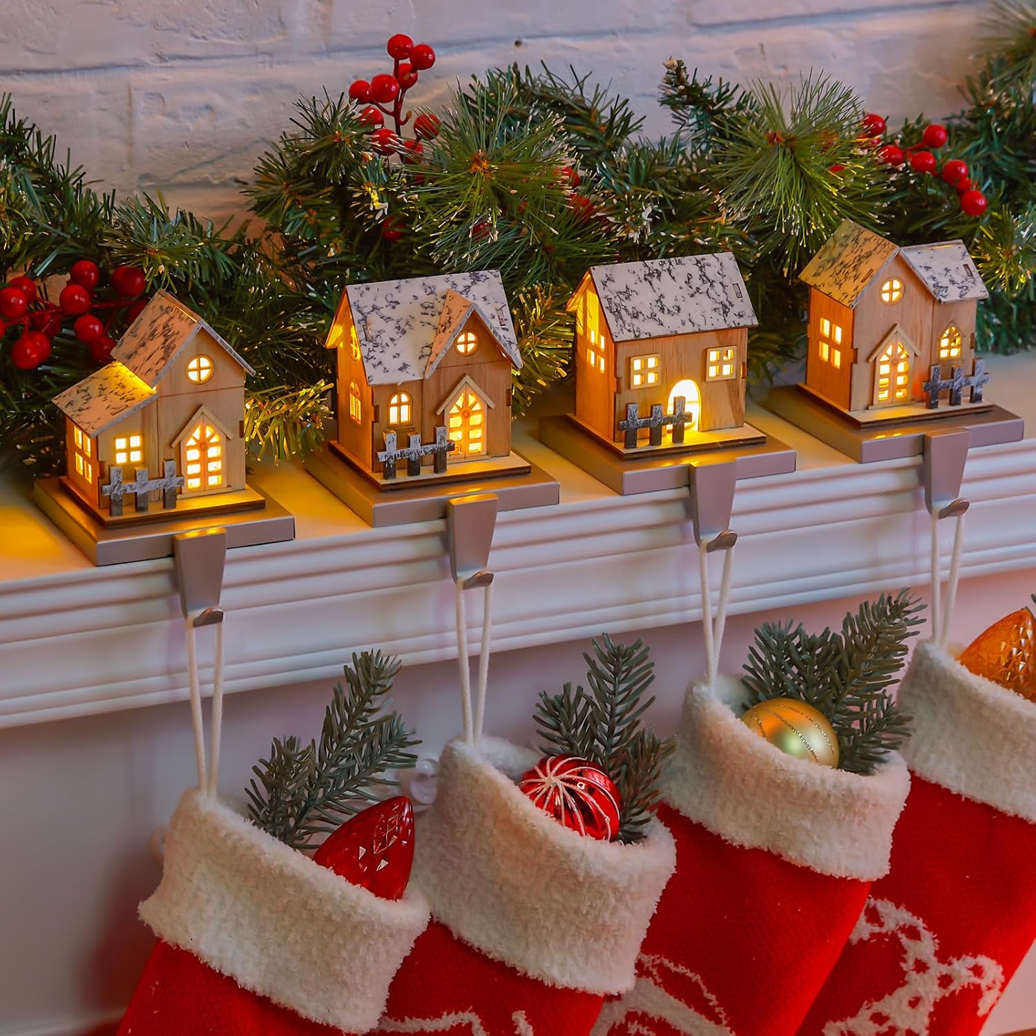 Stockings & Holders - Christmas Stocking Holders for Mantle, Set of 4 Christmas Mantle Wood Room Stocking Hangers with Lights, Weighted Christmas Different Room Stocking Hooks for Fireplace Counter Window Decoration