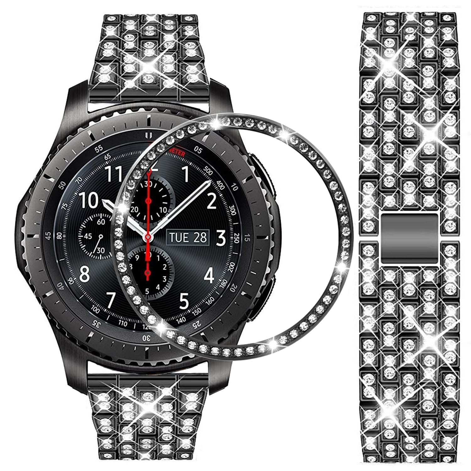 DEALELE Strap Compatible with Samsung Gear S3 Frontier / Classic / Galaxy Watch 46mm, 22mm Rhinestone Diamond Metal Steel Bracelet with Watch Face Bezel Ring Cover Replacement for Women Men, Black
