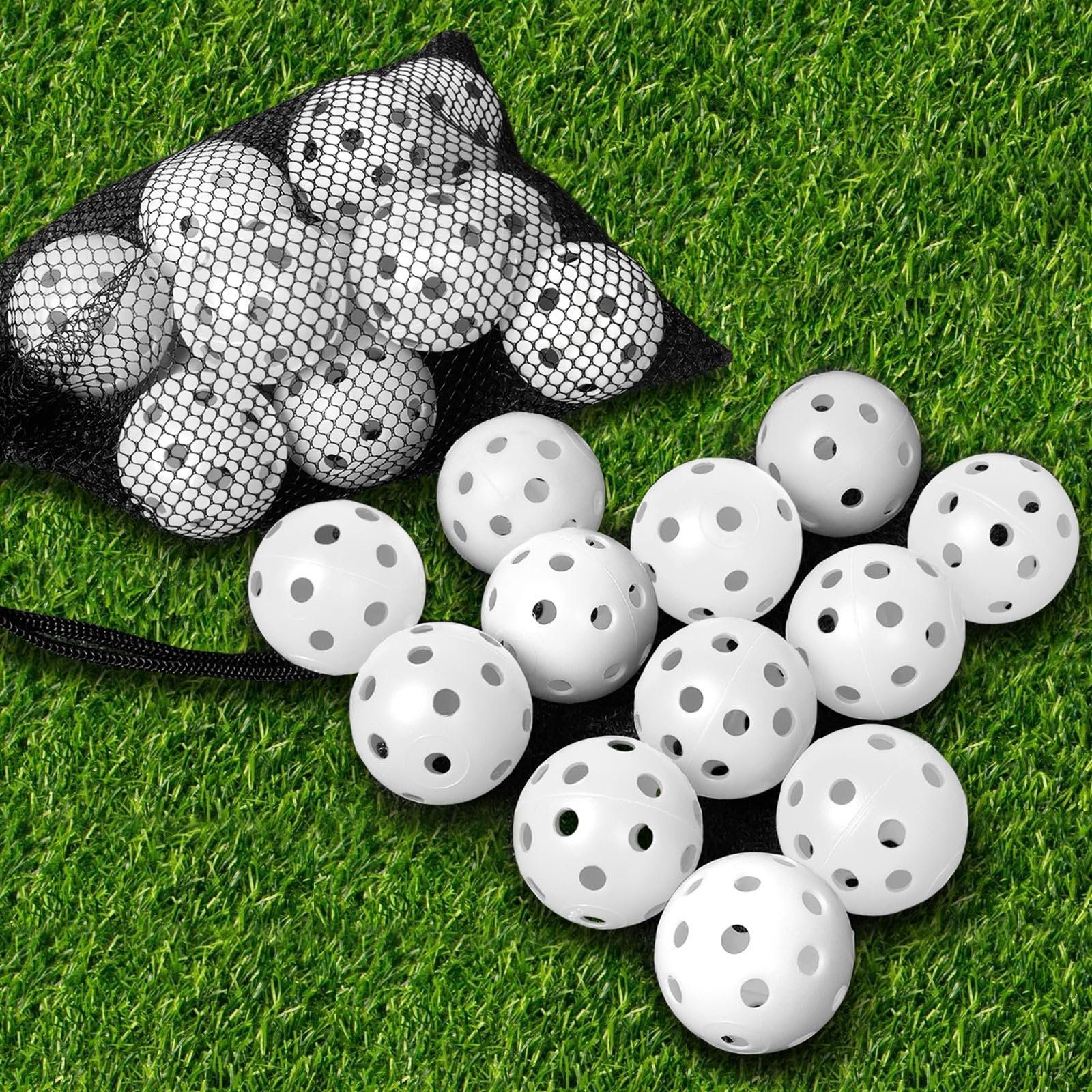 THIODOON Product image Golf Practice Ball Air Flow Hollow Practice Golf Balls 40mm Plastic Golf Balls for Swing Practice Driving Range Home Outdoor Golf Games for Adults 12 Pack (White, 12 pcs)