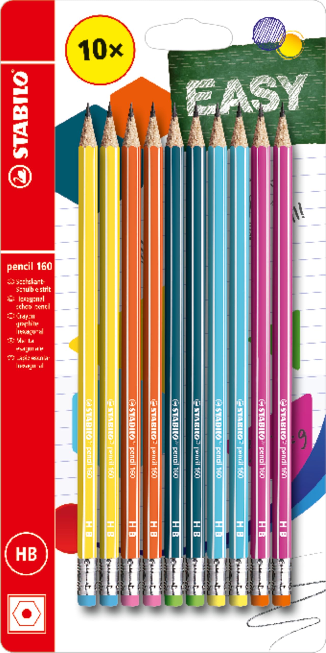 STABILO pencil 160 - Hexagonal Graphite Pencil with Eraser - Pack of 10 - Yellow, Orange, Blue, Petrol, Pink - Degree HB