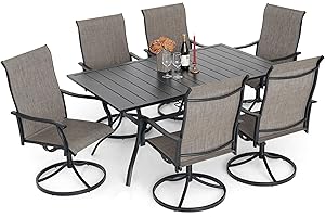 Anmutig 7 Piece Dining Patio Table Set with Swivel Rocker Chairs High Back Textilene, 6 People Table w/Hole 1.57 Front Porch Pool Deck Back Yard Outdoor Outside Furniture Set Light Tan/Grey