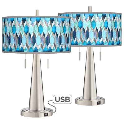 Blue Tiffany-Style Vicki Brushed Nickel USB Table Lamps Set of 2 - Giclee Glow