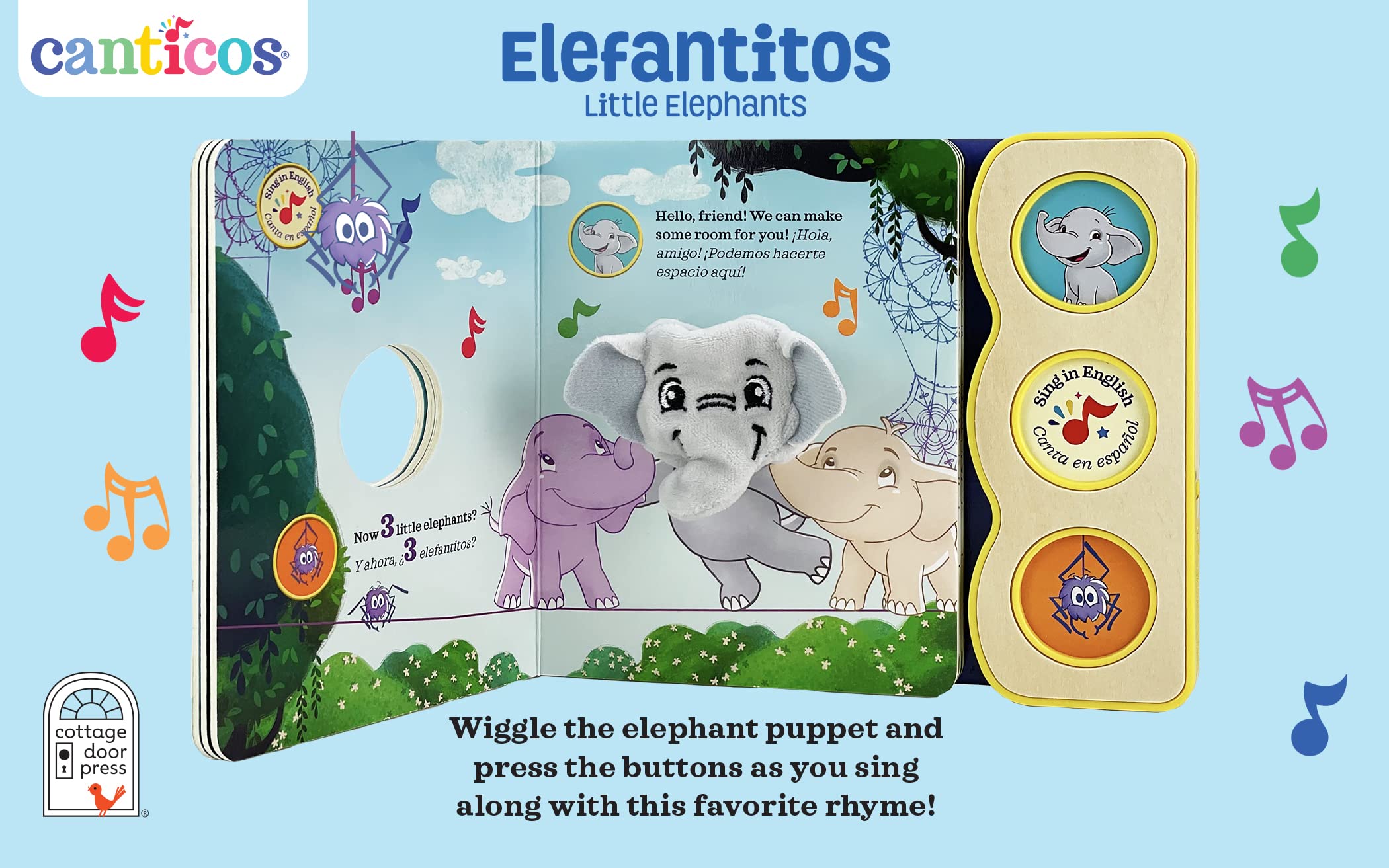 Canticos Little Elephants / Elephantitos - Spanish & English Bilingual Finger Puppet Sound Book for Babies and Toddlers (English and Spanish Edition)