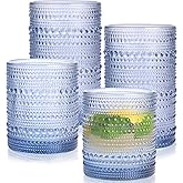 Airsky Blue Vintage Drinking Glasses Set of 4-2 Cocktail Glasses 10 oz & 2 Highball Glasses 12 oz, Fashioned Hobnail Glasses for Beer, Whiskey, Soda, Juice, Coffee, Party Supplies