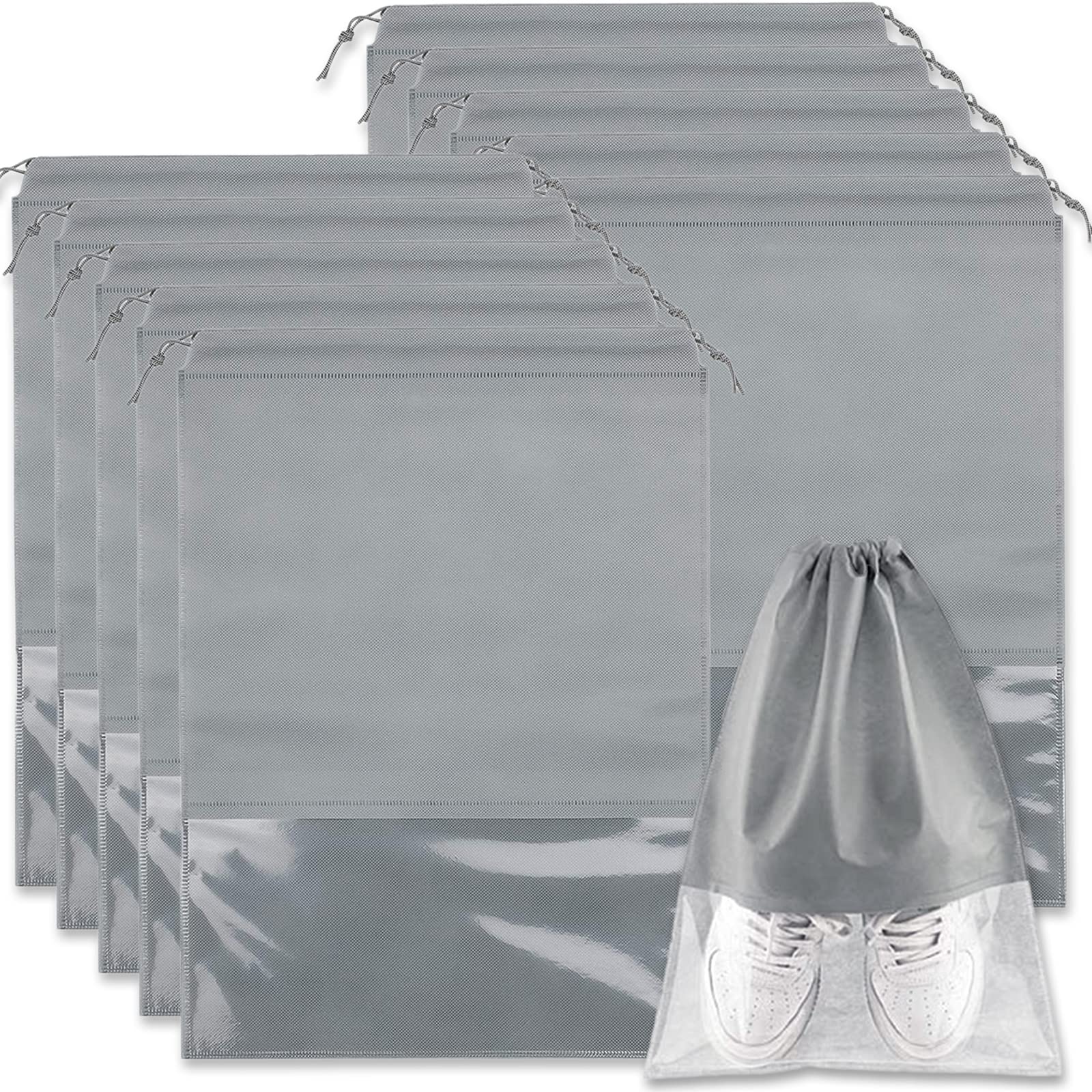 Acehome 10 Pack Large Travel Shoe Bag, Portable Drawstring Shoes Storage Bags Non-Woven Dust Proof Pouch Space Saving Organizer with Transparent Slot for Men Women Daily and Travel Use (Grey)