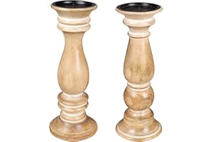 The Wooden Town Wood Pillar Candle Holders, Set of 2-12x4.5 inch White Wash Mango Wood Farmhouse Candle Holders