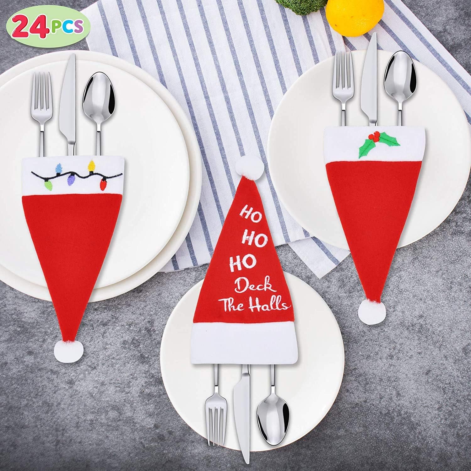 JOYIN 24 Piece Holiday Christmas Santa Hats Dinner Silverware Holders for Cutlery Party Dinner Table or Christmas Dinner Table Decorations -