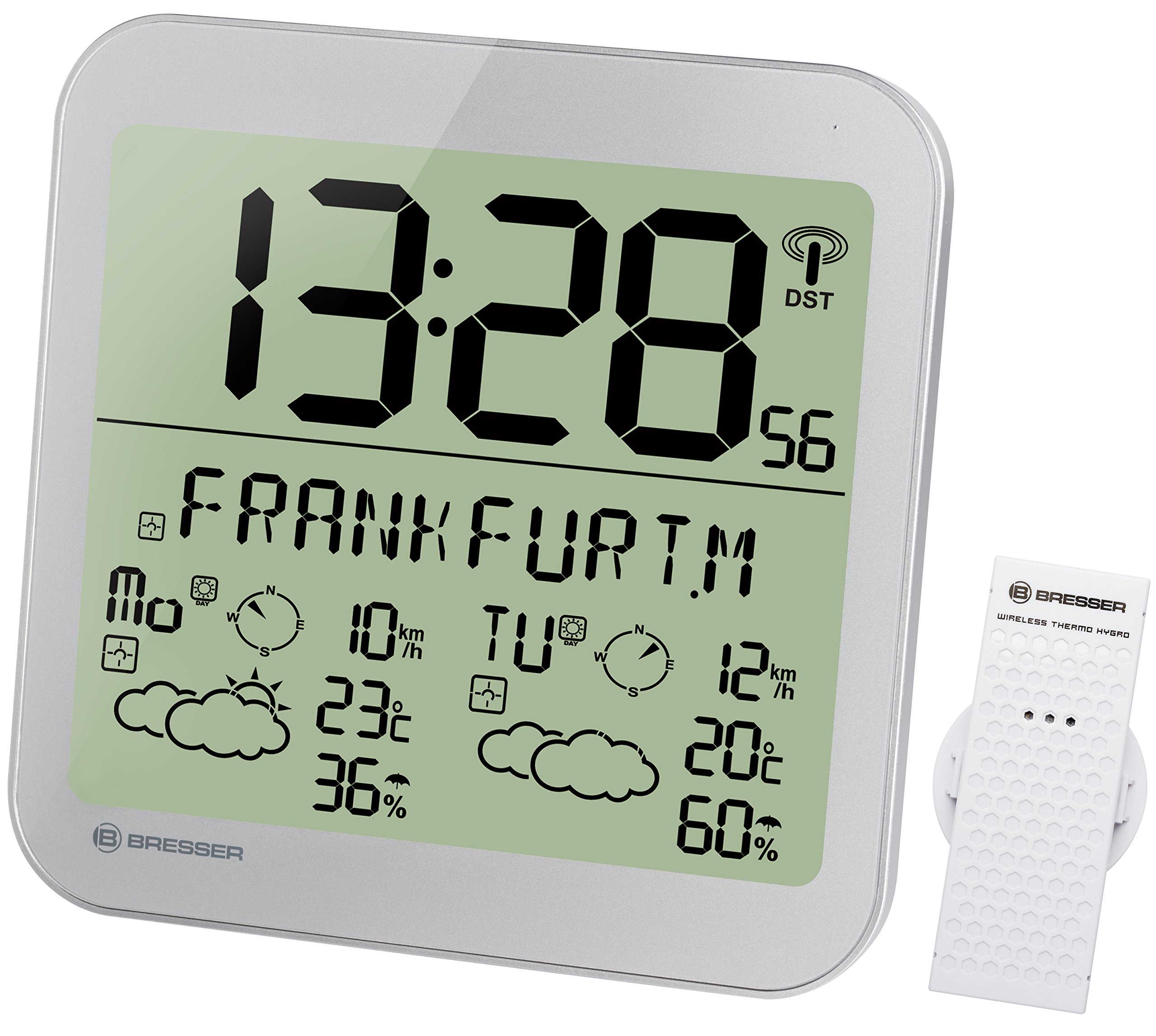 Bresser Wall Clock Weather Station Radio with Outdoor Sensor with 4 Days and Nights Weather Forecast and 6 cm Large Clock Numbers for Wall and Stand Mounting, Silver