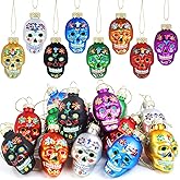 Larber 14pcs Day of The Dead Skull Glass Ornaments Colofur Sugar Skulls Glass Ornaments Shatterproof Hanging Skull Set for Small Halloween Tree, Dia De Los Muertos Indoor Home Decoration