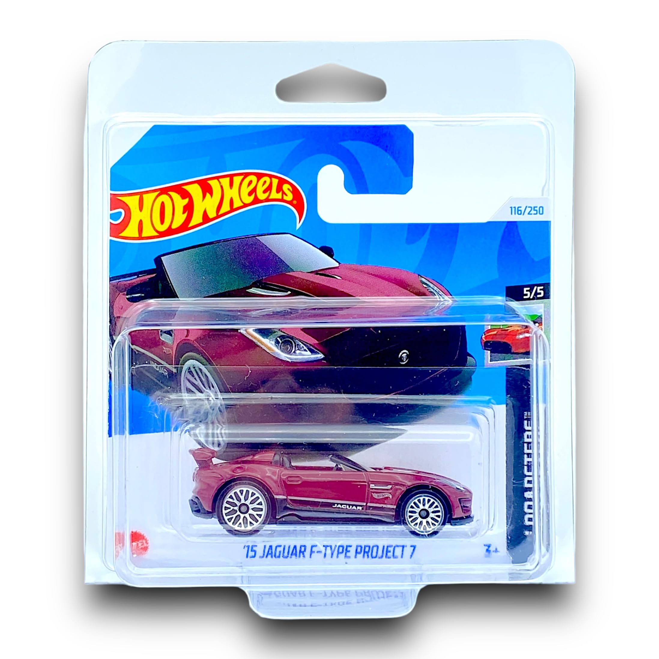 Hot Wheels 15 Jaguar F-Type Project 7 (Dark Red & Black) 5/5 HW Roadsters - 2024-116/250 (Short Card) - includes a KLAS Car Keeper Protector Case - HTD74