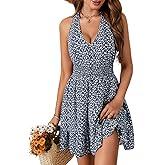 Rooscier Women's Floral Halter Neck Sundress Shirred Waist Sleeveless Mini Dress