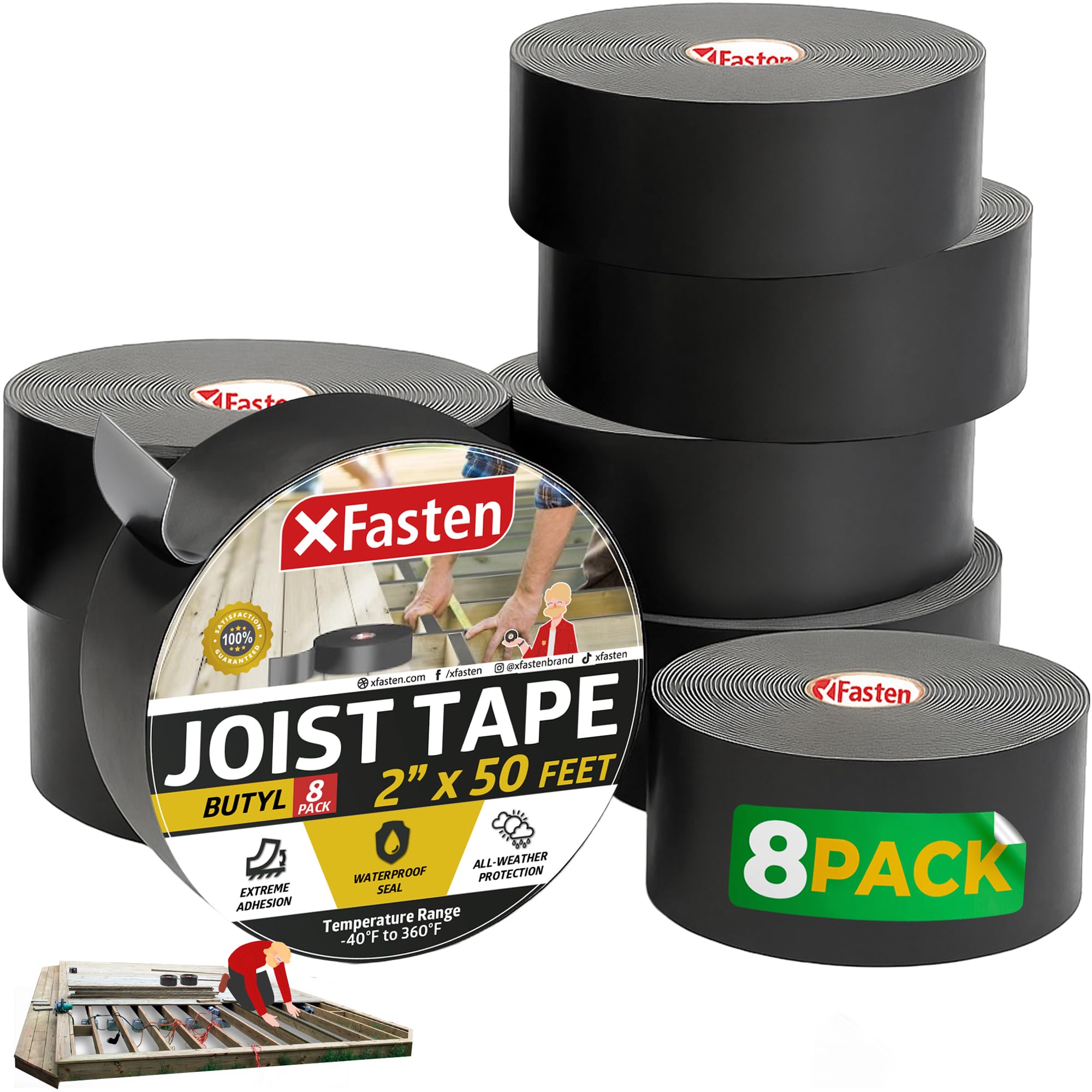 Photo 1 of XFasten Butyl Joist Tape for Decking, 2 Inch x 50 Feet (8-Pack), Professional Butyl Deck Joist Tape 2 Inch Waterproof Roof Sealant Flashing Tape, Black