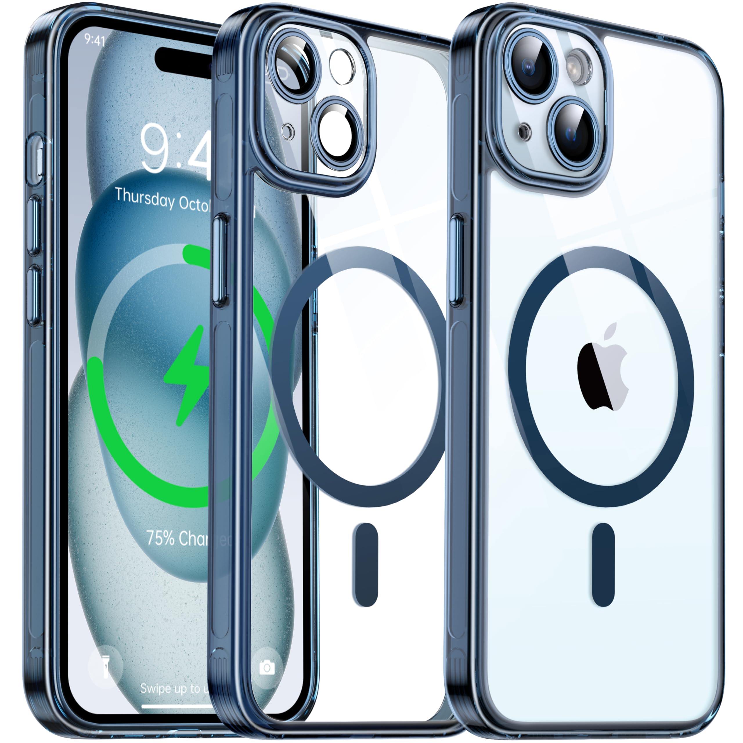 Flyzoo Clear Magnetic Case for iPhone 15 (6.1'') with Camera Protector, [Compatible with MagSafe] [Non-Yellowing] [Shockproof & Antiscratch Protection] Hard Transparent Cover with Silicone Edge, Blue