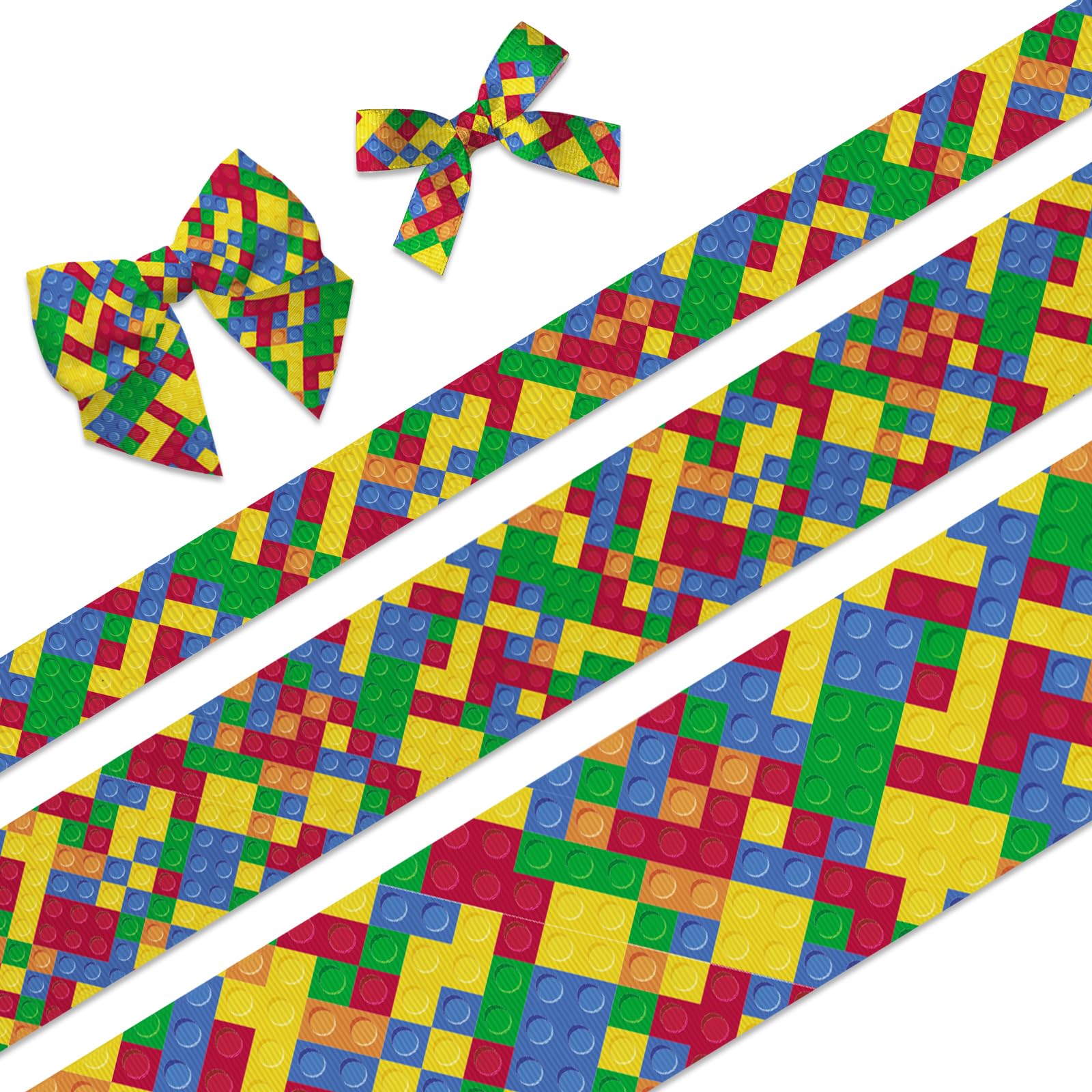 Photo 1 of 3 PCS Building Blocks Grosgrain Ribbons 3/8" 7/8" 1.5" Multicolor Decor Ribbons 5 Yards, Build Block Craft Ribbons for Block Themed Party Favor Decoration Holiday Birthday Gift Packaging DIY Supplies