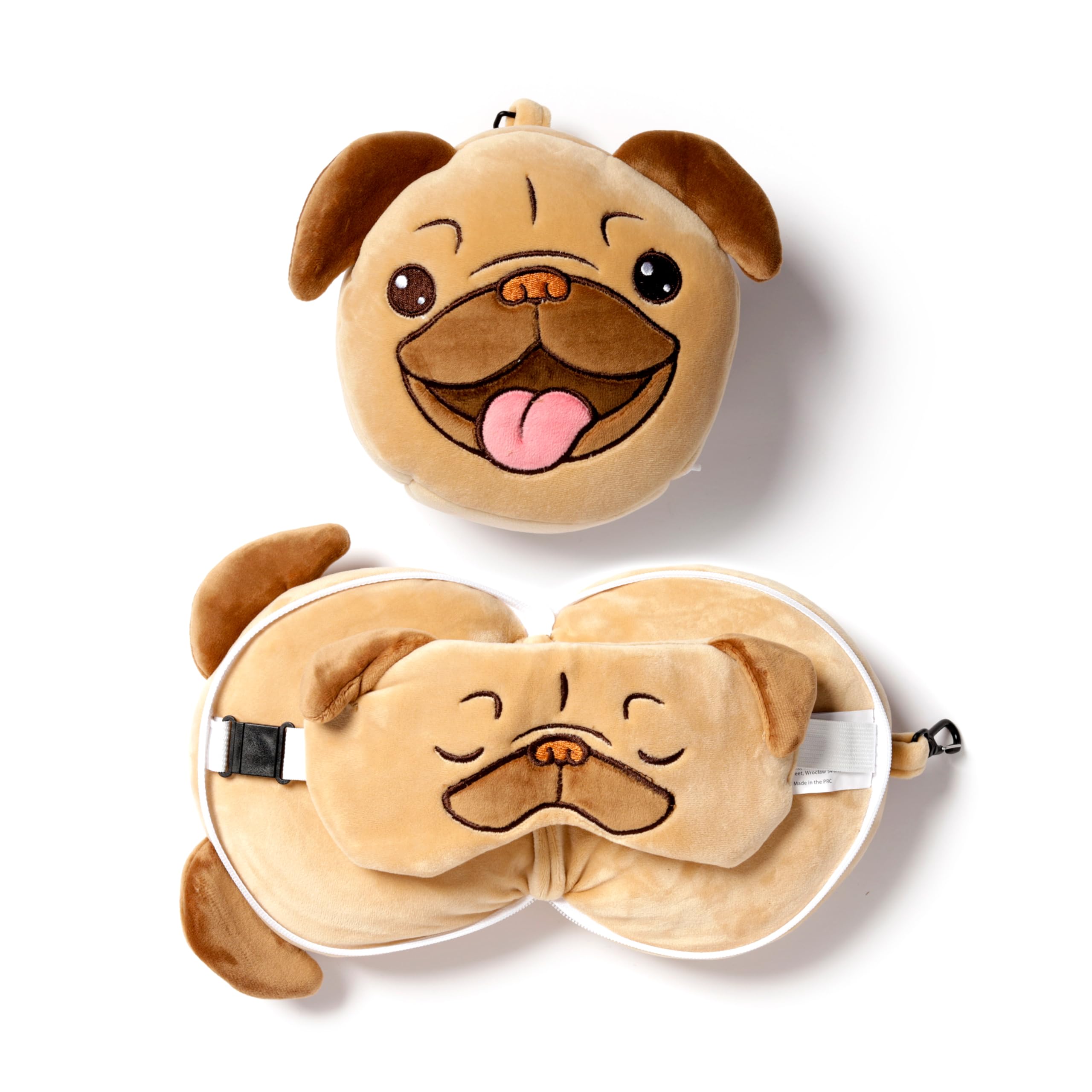 Puckator Relaxeazzz Mopps Pug Round Plush Travel Pillow & Eye Mask - Sleep Eye Mask Masks - Kids Travel Accessories For Sleeping Airplane - Flight Plane Neck Pillow Pillows